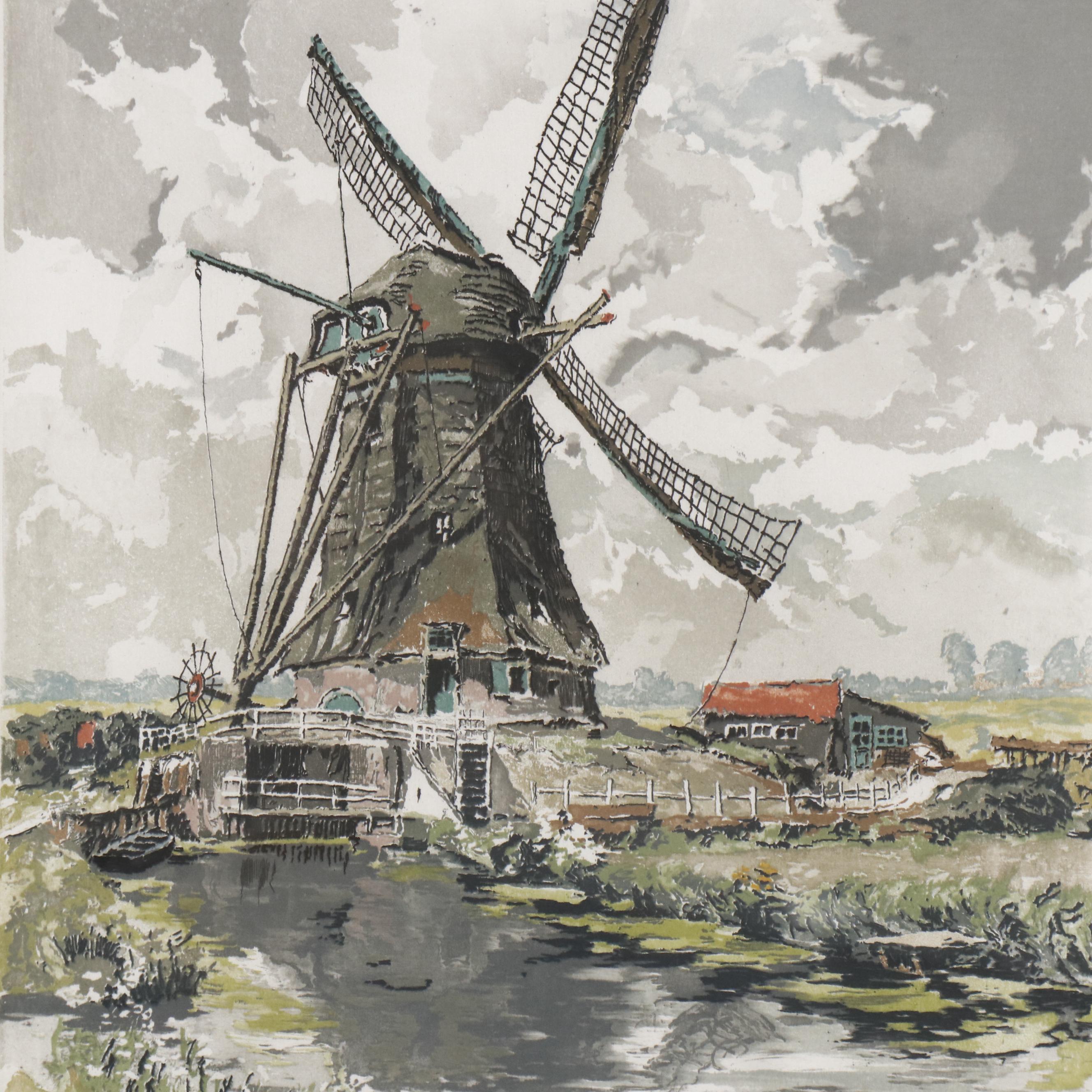 Hans Figura Etching on Silk of Pastoral Scene with Windmill