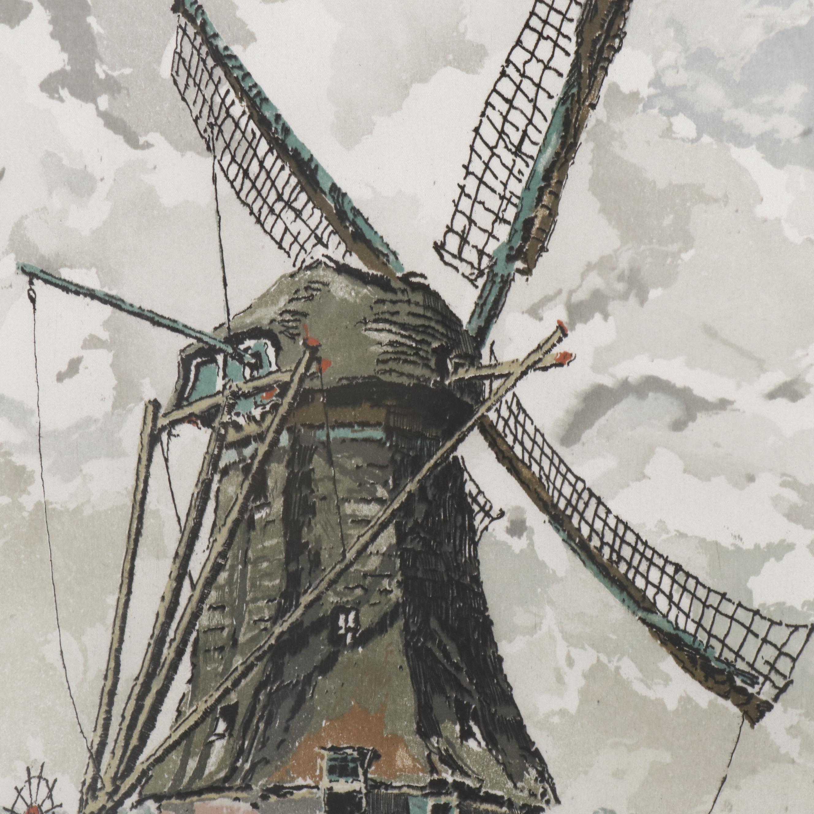 Hans Figura Etching on Silk of Pastoral Scene with Windmill