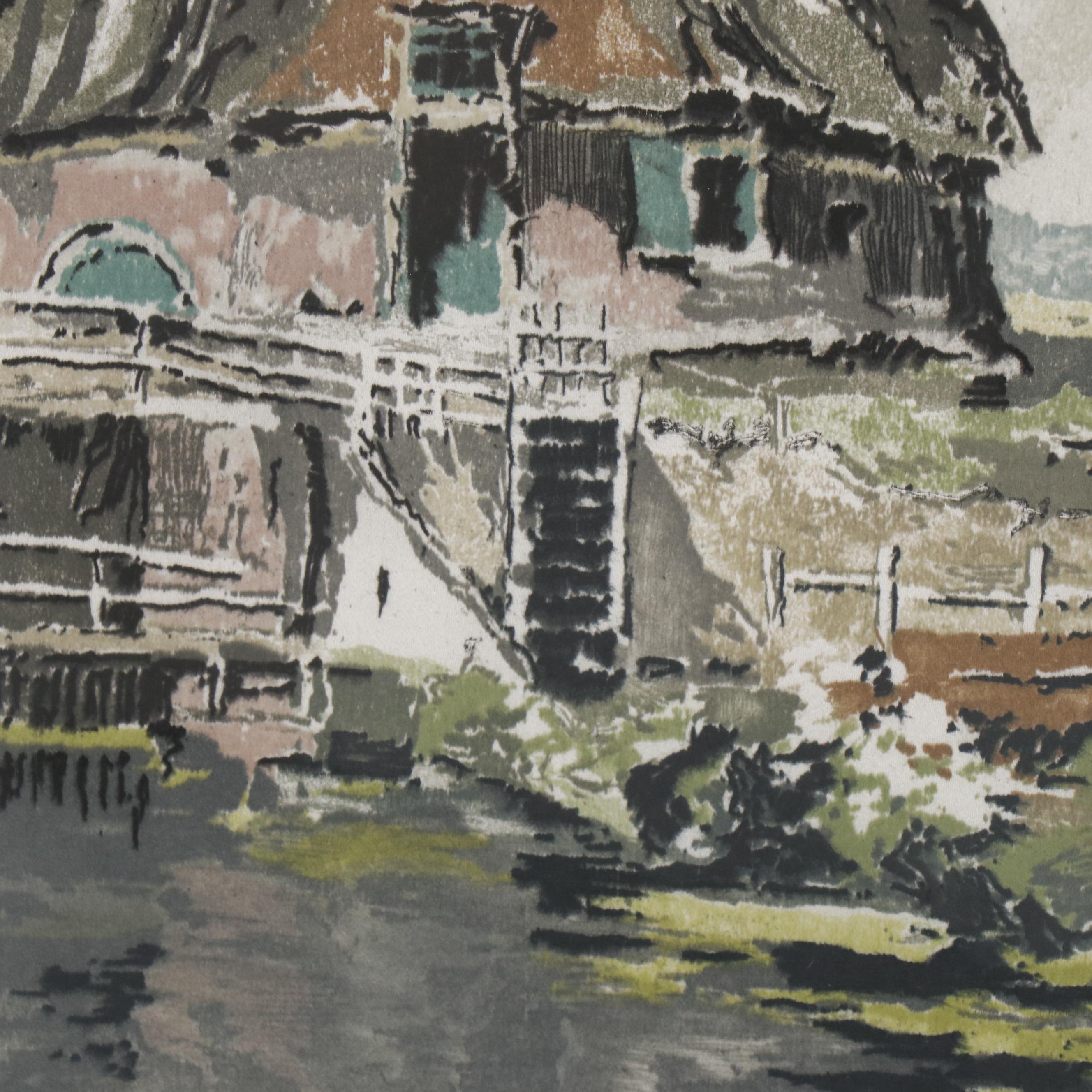 Hans Figura Etching on Silk of Pastoral Scene with Windmill