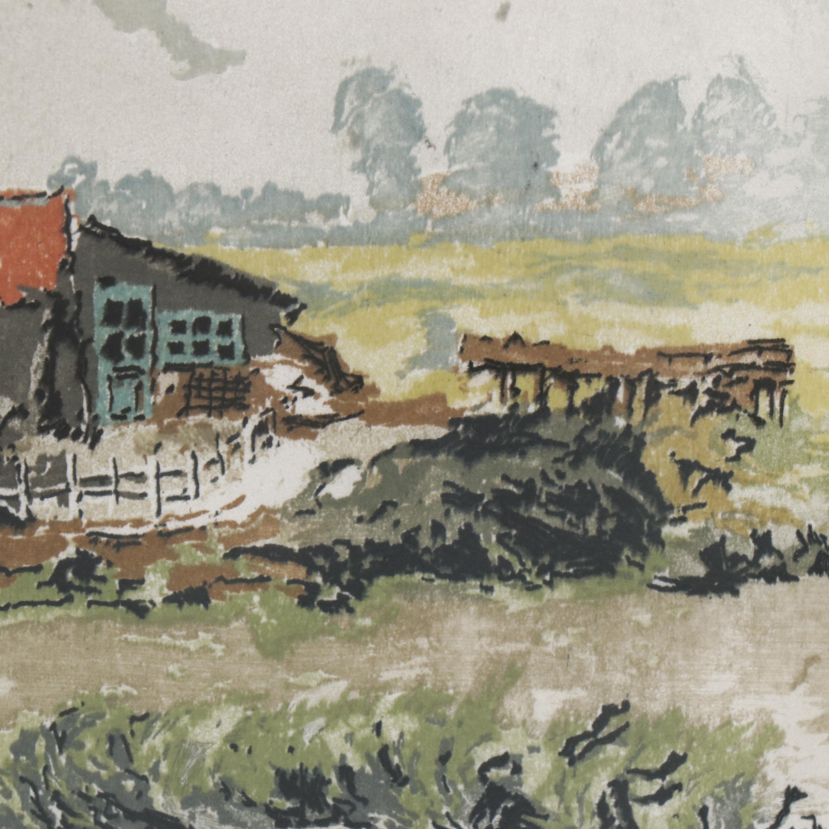 Hans Figura Etching on Silk of Pastoral Scene with Windmill