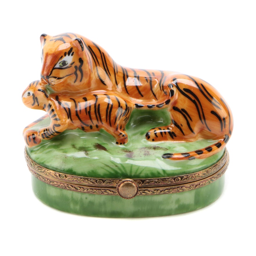 Ste' Porcelainière Limoges "Tiger and Cub" Hand-Painted Porcelain Trinket Box