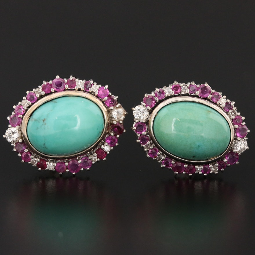 Vintage 18K White Gold Turquoise, Diamond and Ruby Earrings