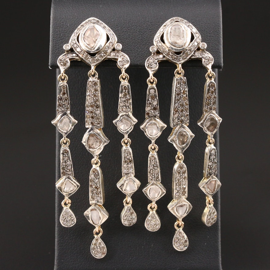 Vintage 14K Gold Diamond Girandole Earrings with Sterling Silver Accents