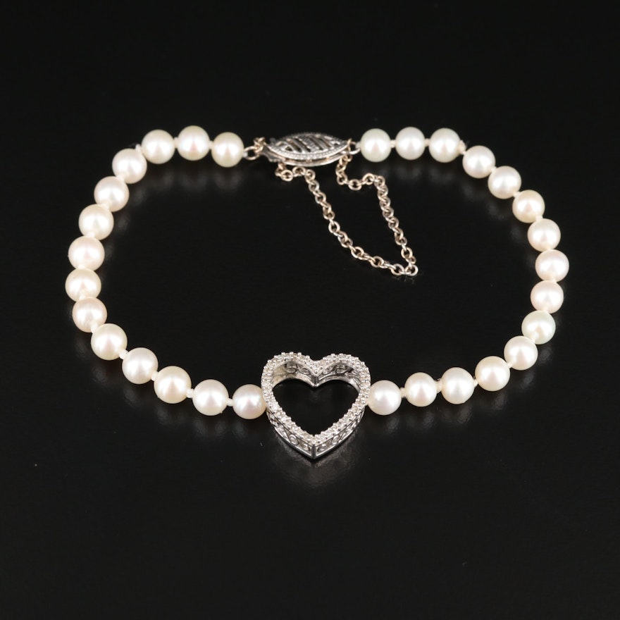 14K White Gold Diamond Heart and Pearl Bracelet