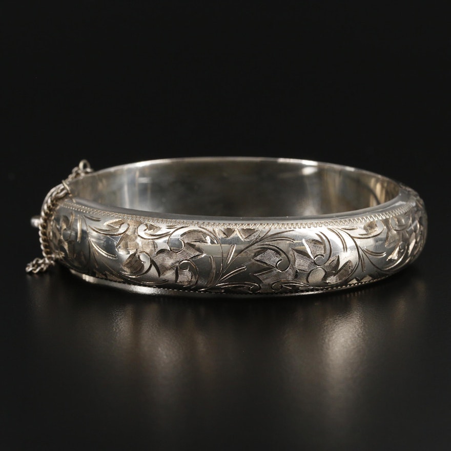 Vintage Sterling Silver Hinged Bangle Bracelet Featuring Etched Foliate Motif