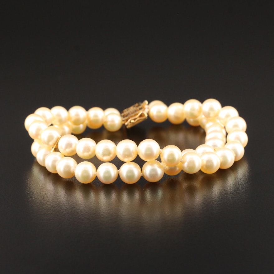 Golden Cultured Pearl Double Strand Bracelet with 14K Yellow Gold Clasp