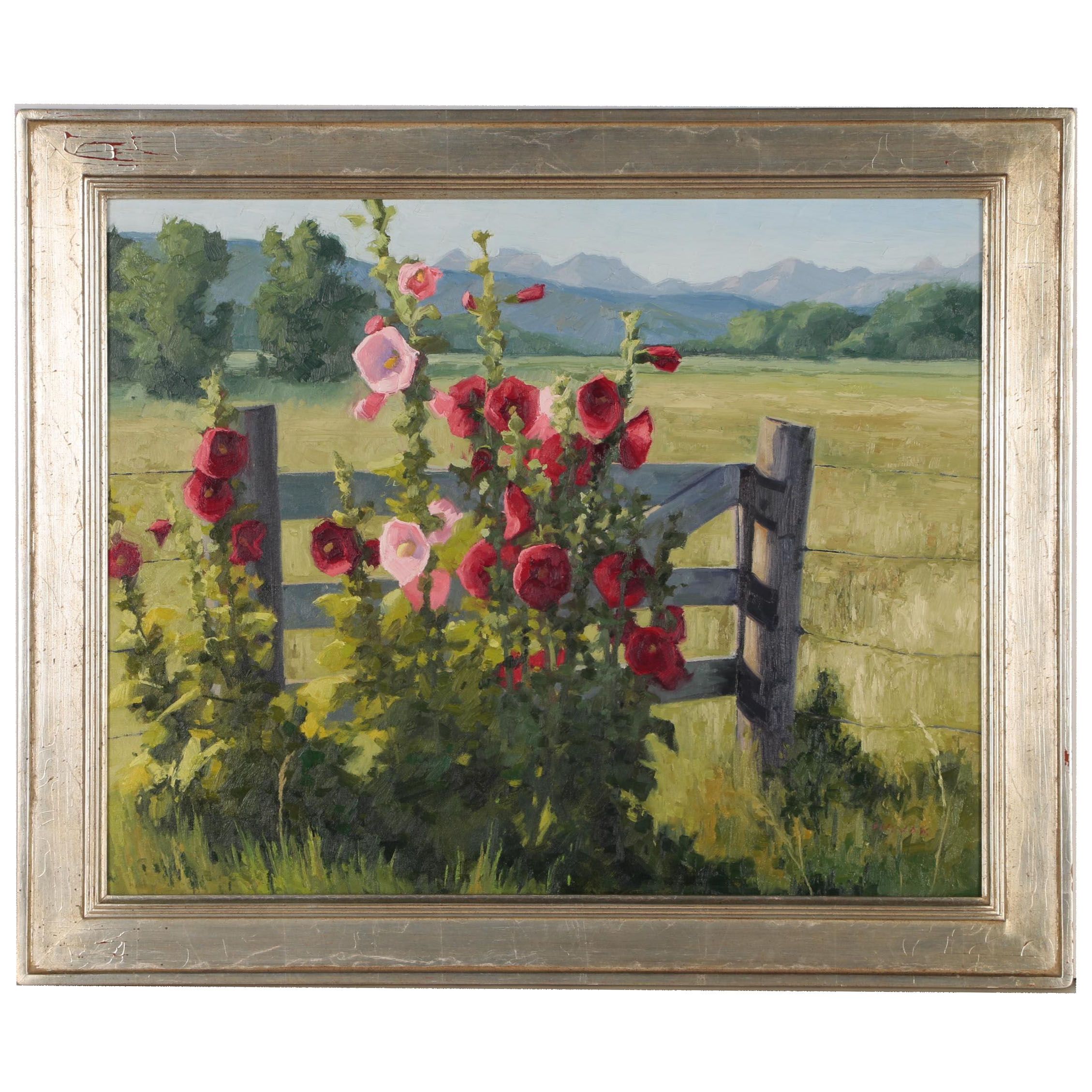 Shirley Novak Oil Painting "Hollyhocks by the Posture Gate"