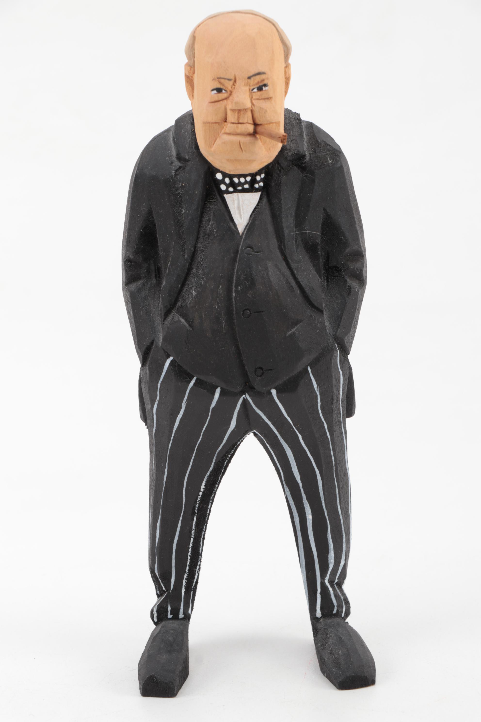 Carved Wood Winston Churchill Figurine