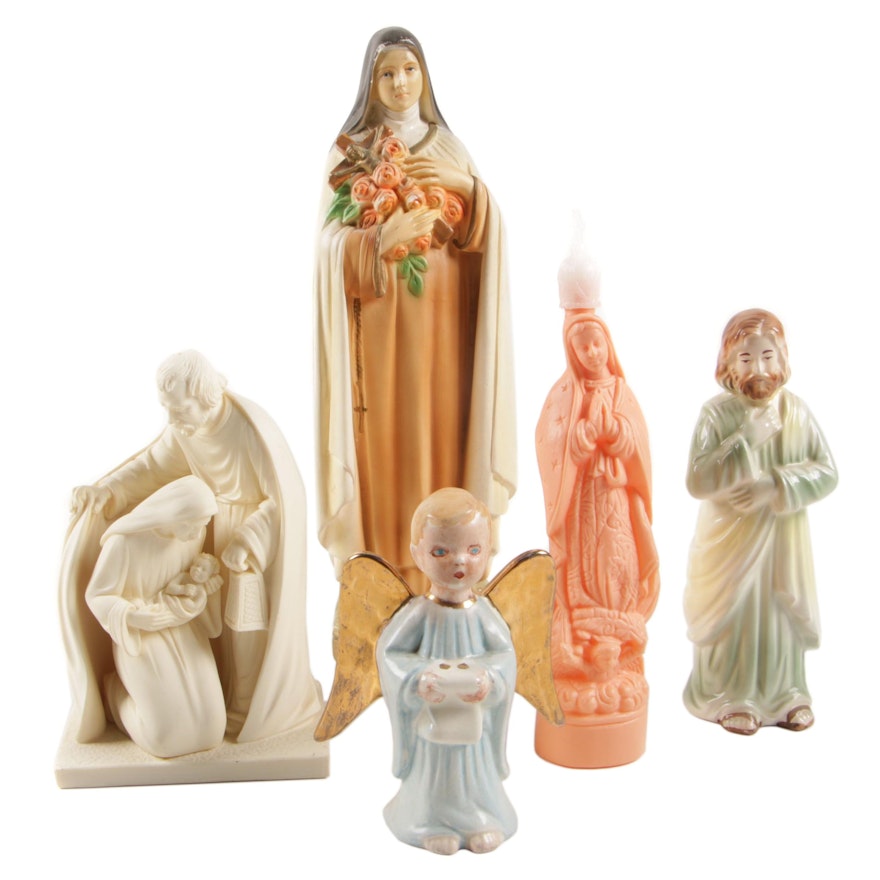 Religious Ceramic Figurines Including Mary, Angels, Saints, and the Holy Family