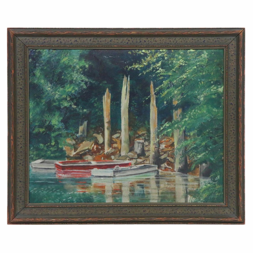 Boat Landing Oil Painting, Mid 20th Century