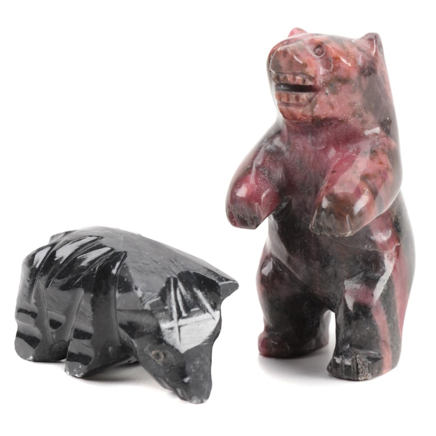 Carved Obsidian and Stone Bear Figurines