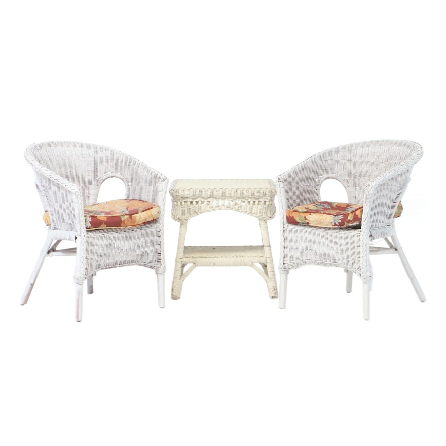 Pair of Painted Wicker Chairs and Table, Mid-20th Century