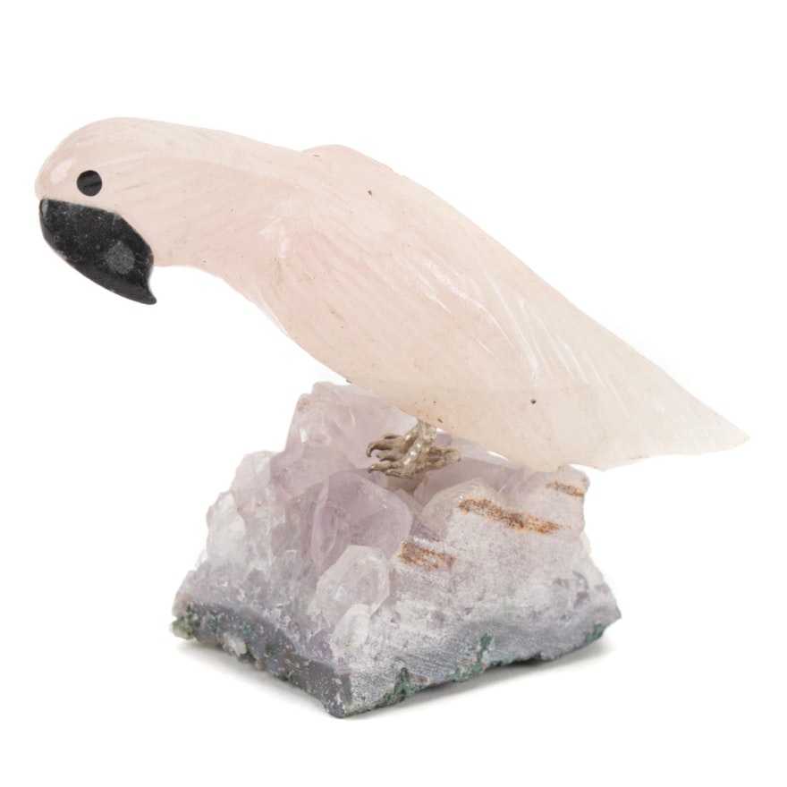 Carved Rose Quartz Parrot Figurine