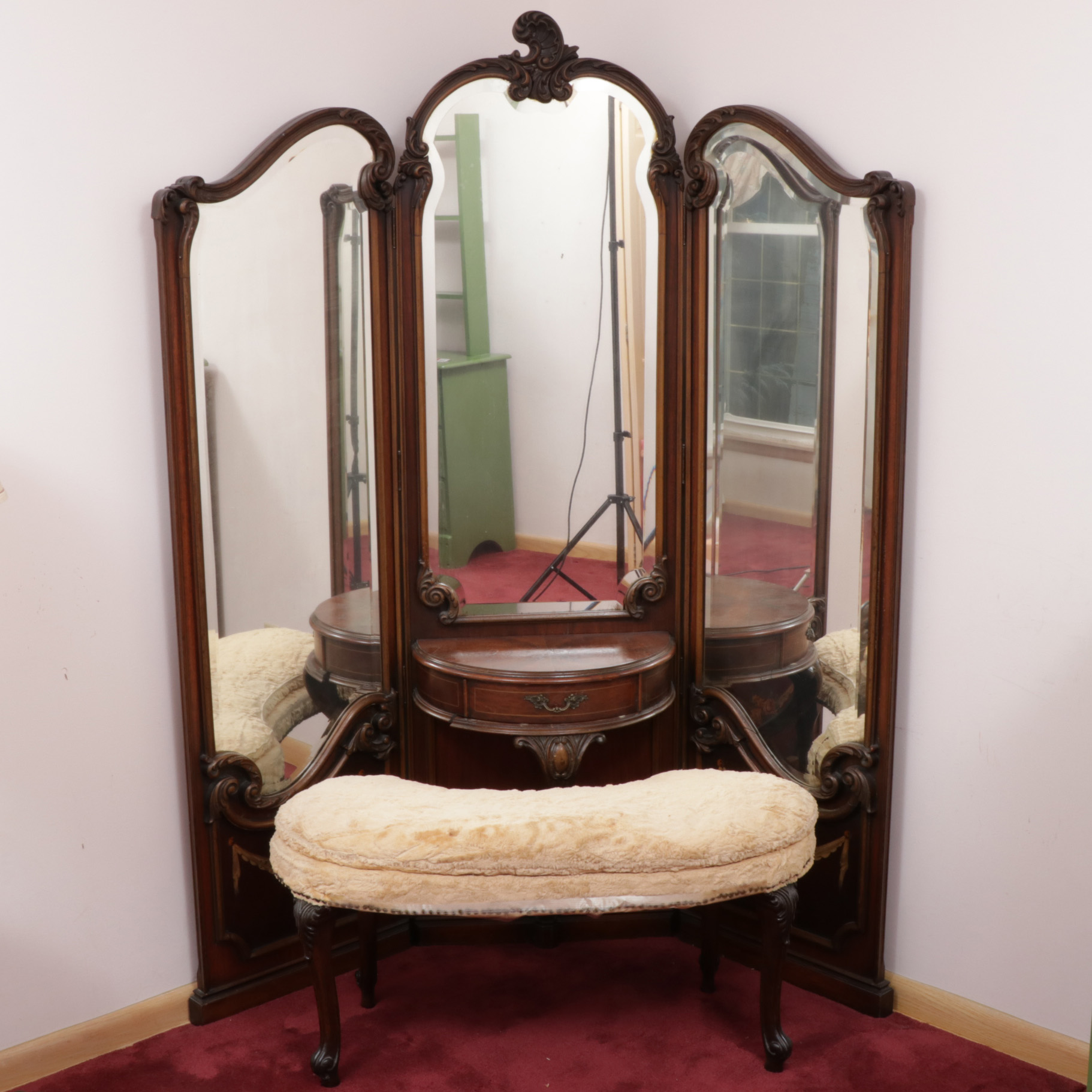Victorian Style Vanity with TriFold Mirror and Rabbit Covered Bench, Antique