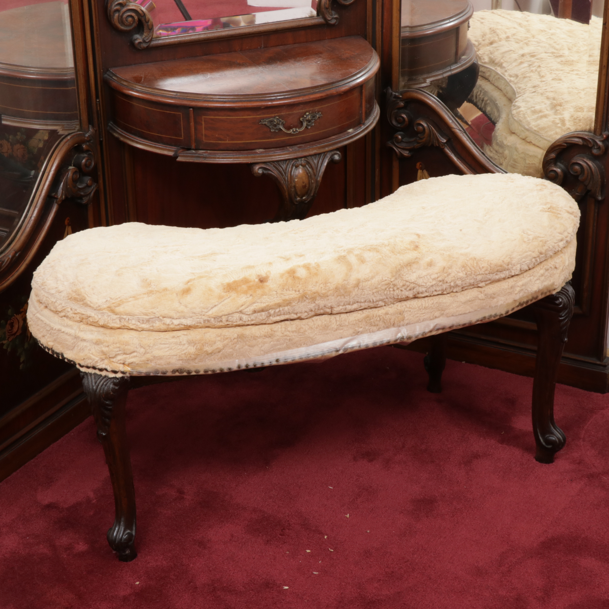 Victorian Style Vanity with TriFold Mirror and Rabbit Covered Bench, Antique