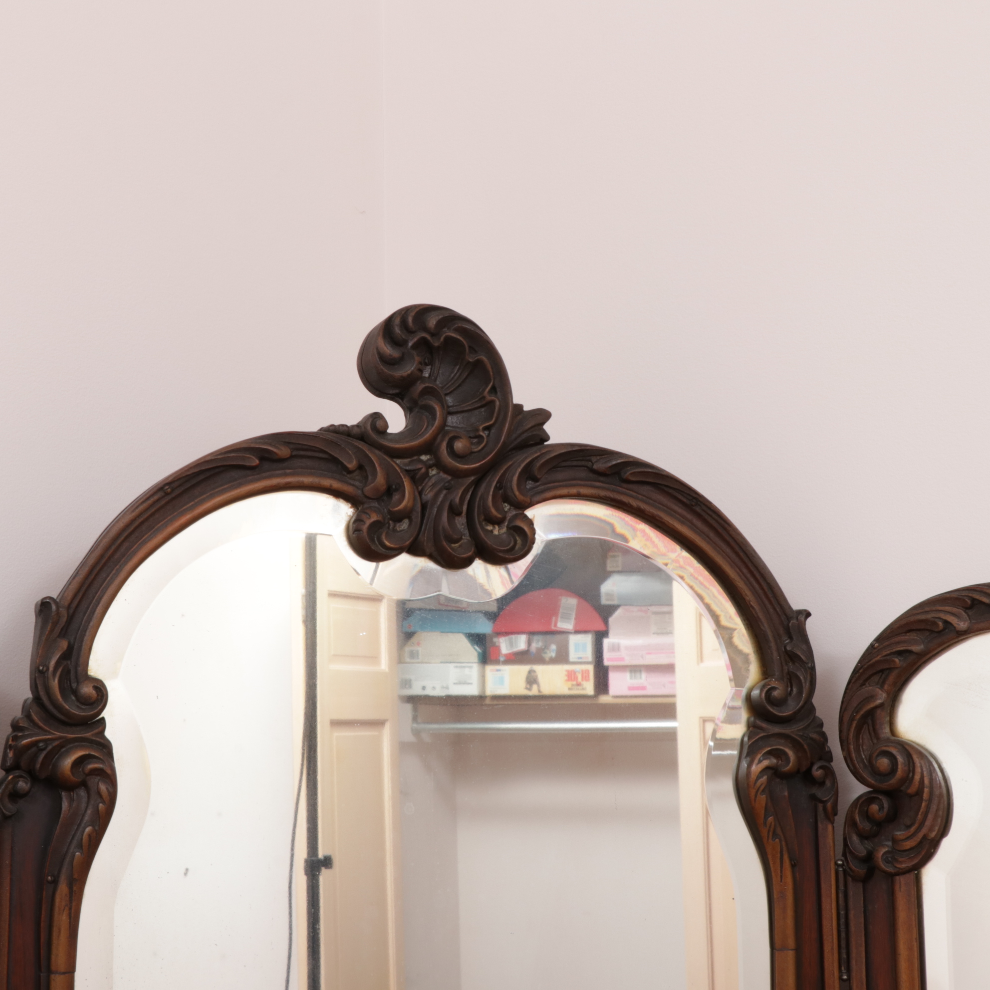 Victorian Style Vanity with TriFold Mirror and Rabbit Covered Bench, Antique