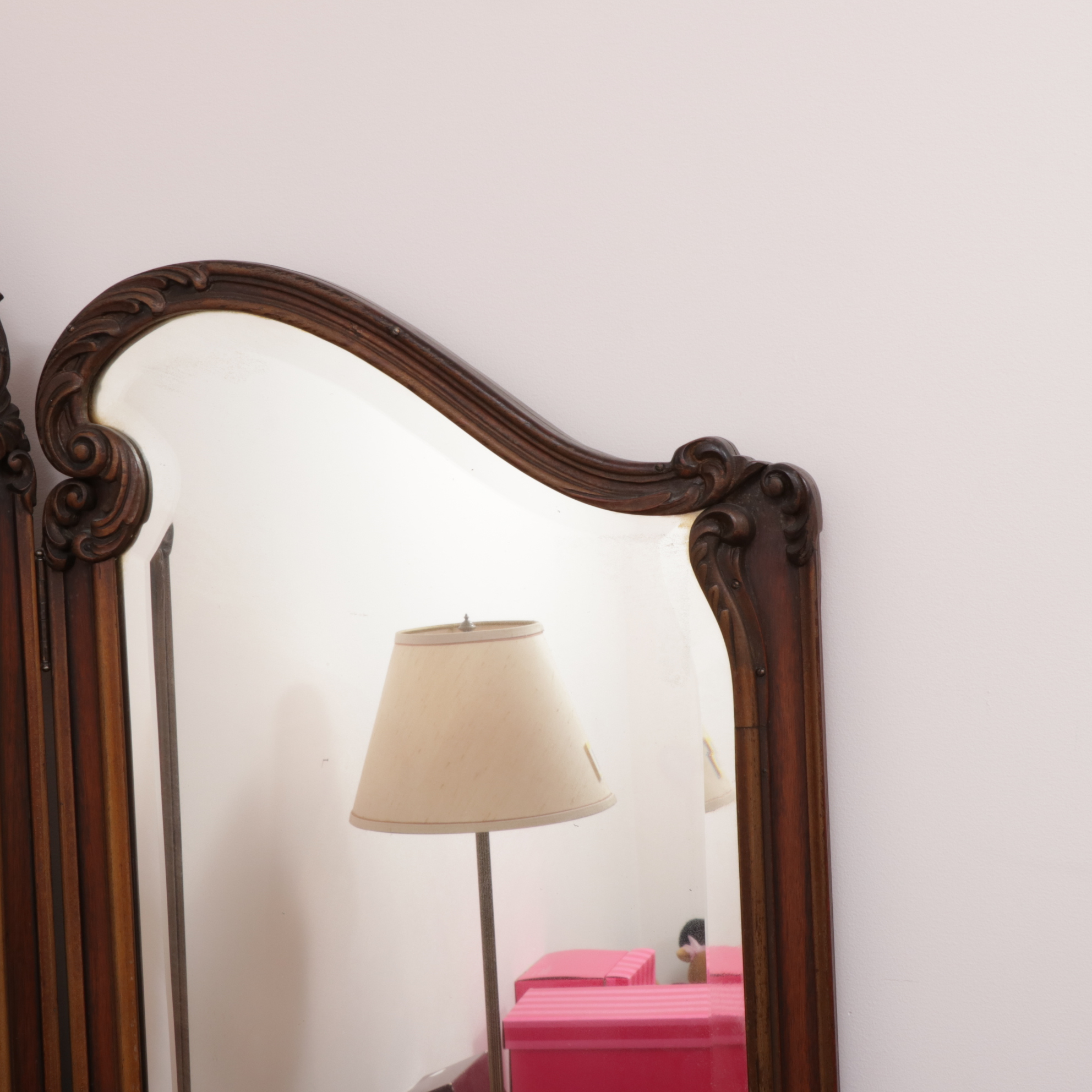 Victorian Style Vanity with TriFold Mirror and Rabbit Covered Bench, Antique