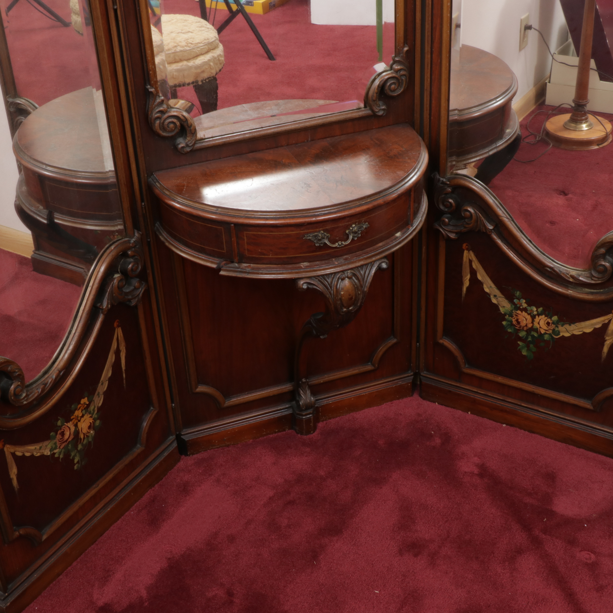 Victorian Style Vanity with TriFold Mirror and Rabbit Covered Bench, Antique