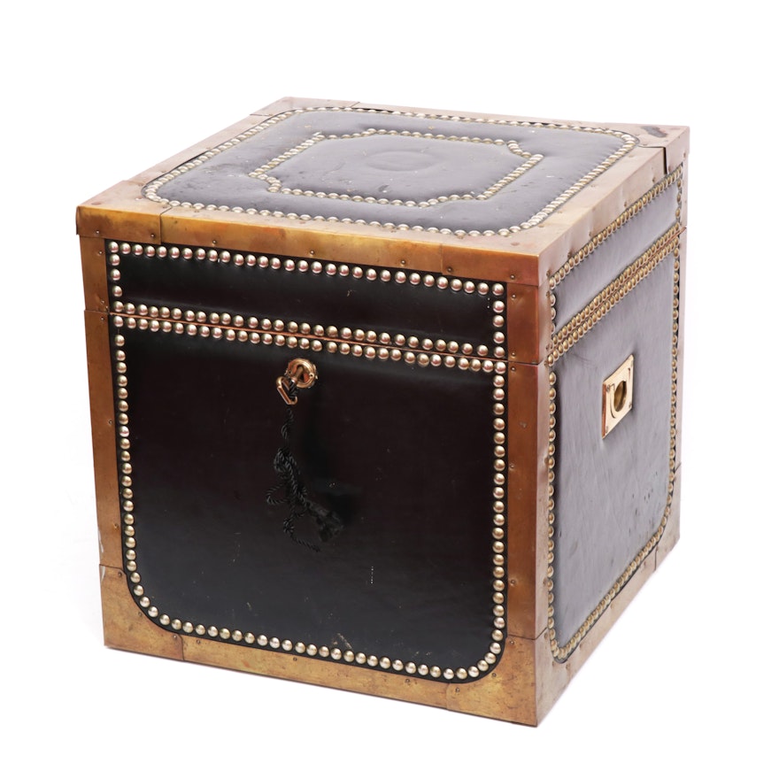 Leather and Brass with Nailhead Design Small Trunk, Mid-20th Century