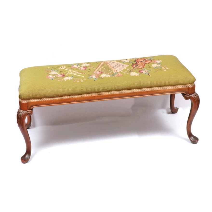 Queen Anne Style Needlepoint Floral Wood Bench, Mid-20th Century