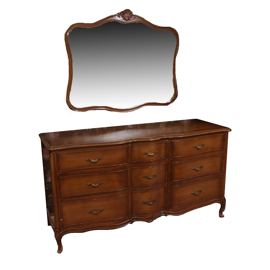 Drexel-Heritage Wood Chest of Drawers and Mirror, Mid-20th Century