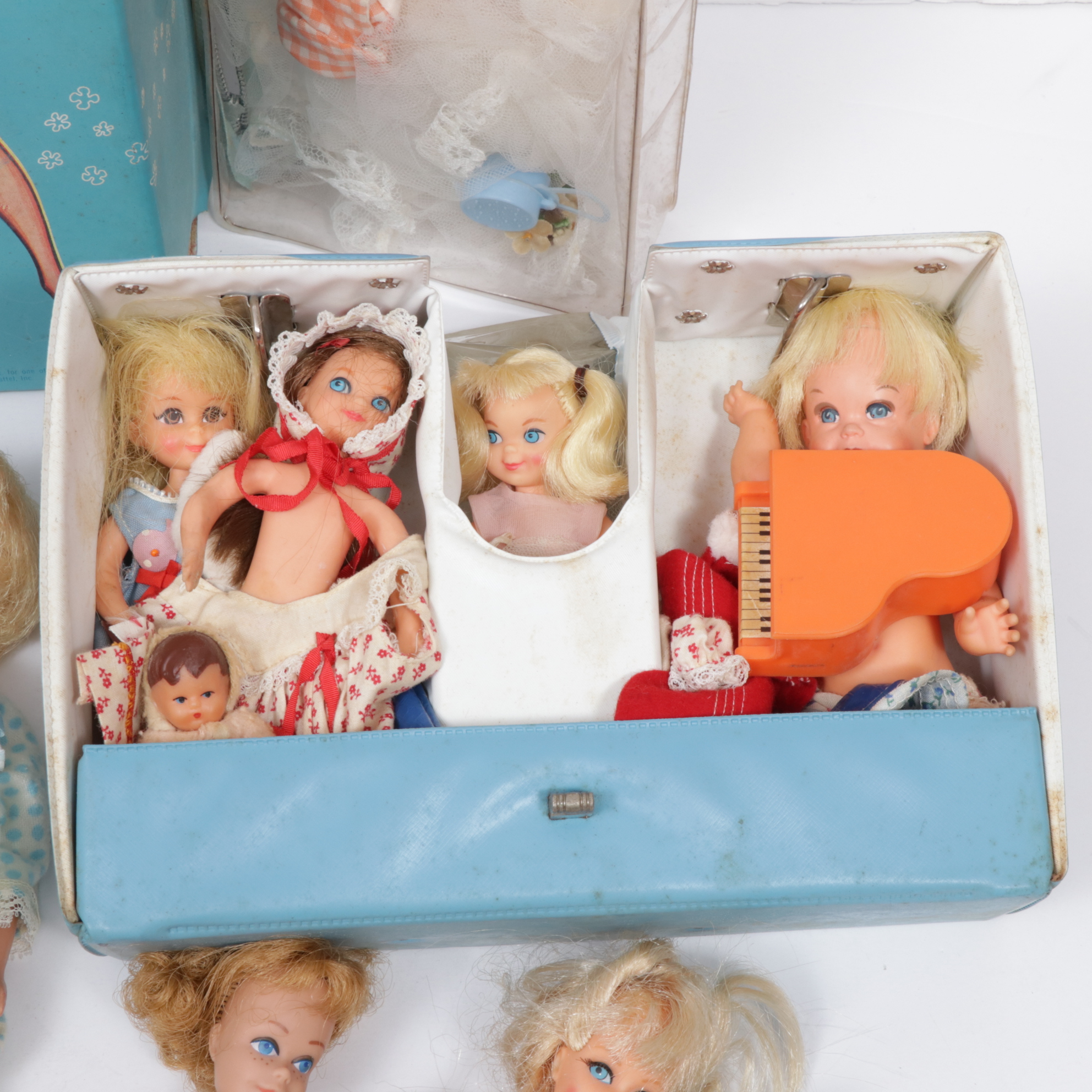 Skipper and Barbie Doll Case, Dolls and Accessories with Tutti Play Case, 1960s
