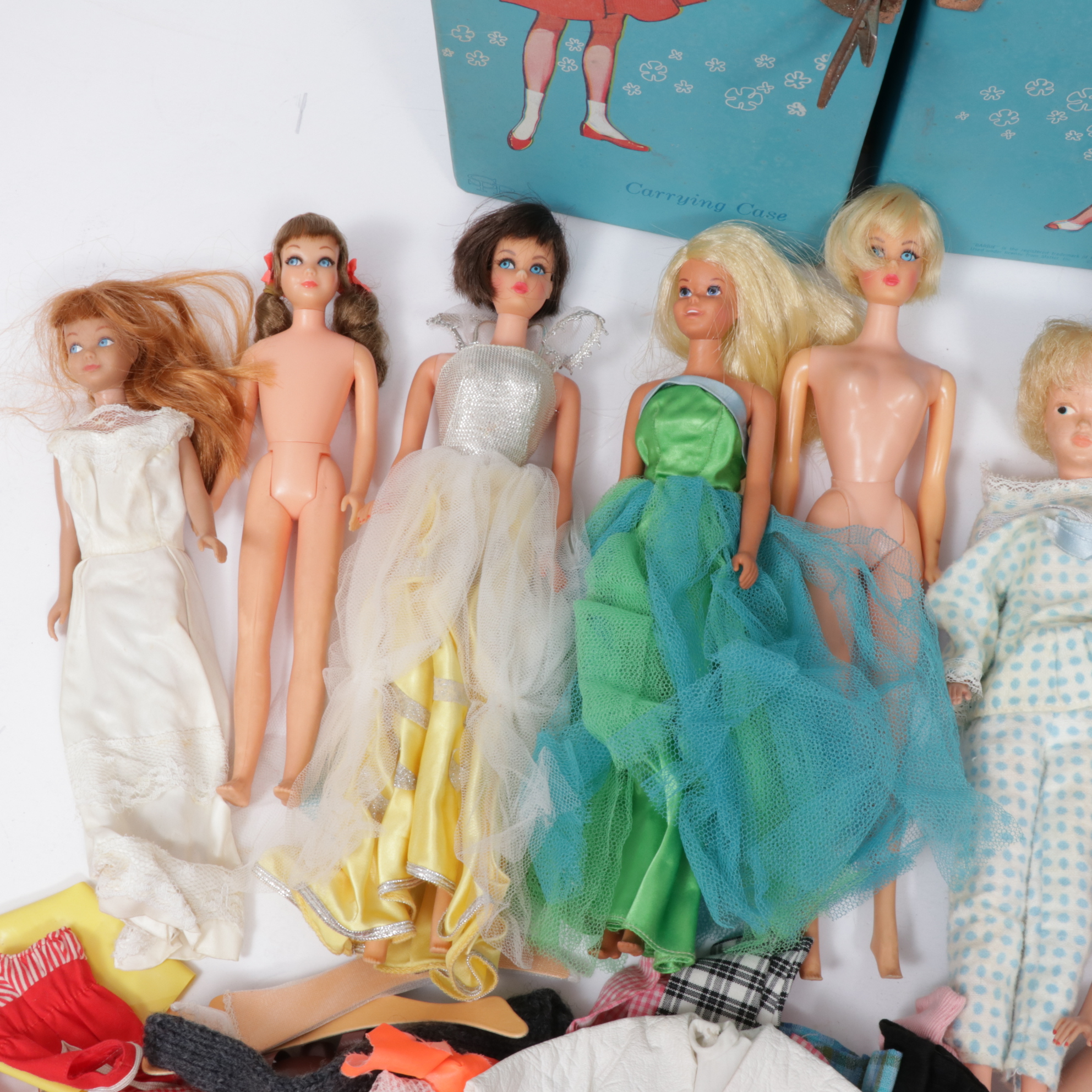 Skipper and Barbie Doll Case, Dolls and Accessories with Tutti Play Case, 1960s