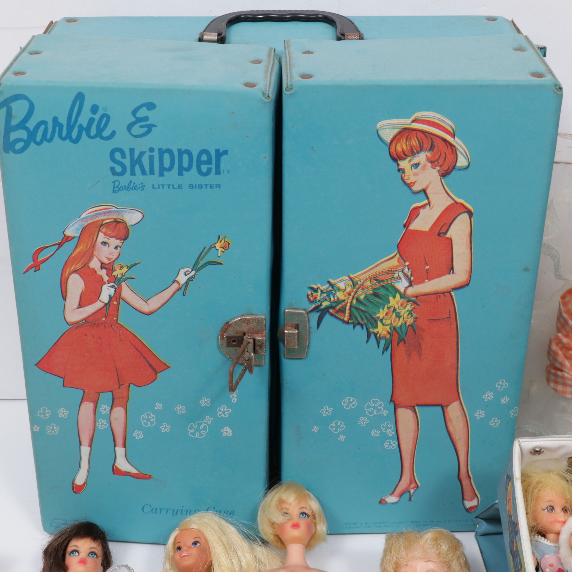 Skipper and Barbie Doll Case, Dolls and Accessories with Tutti Play Case, 1960s