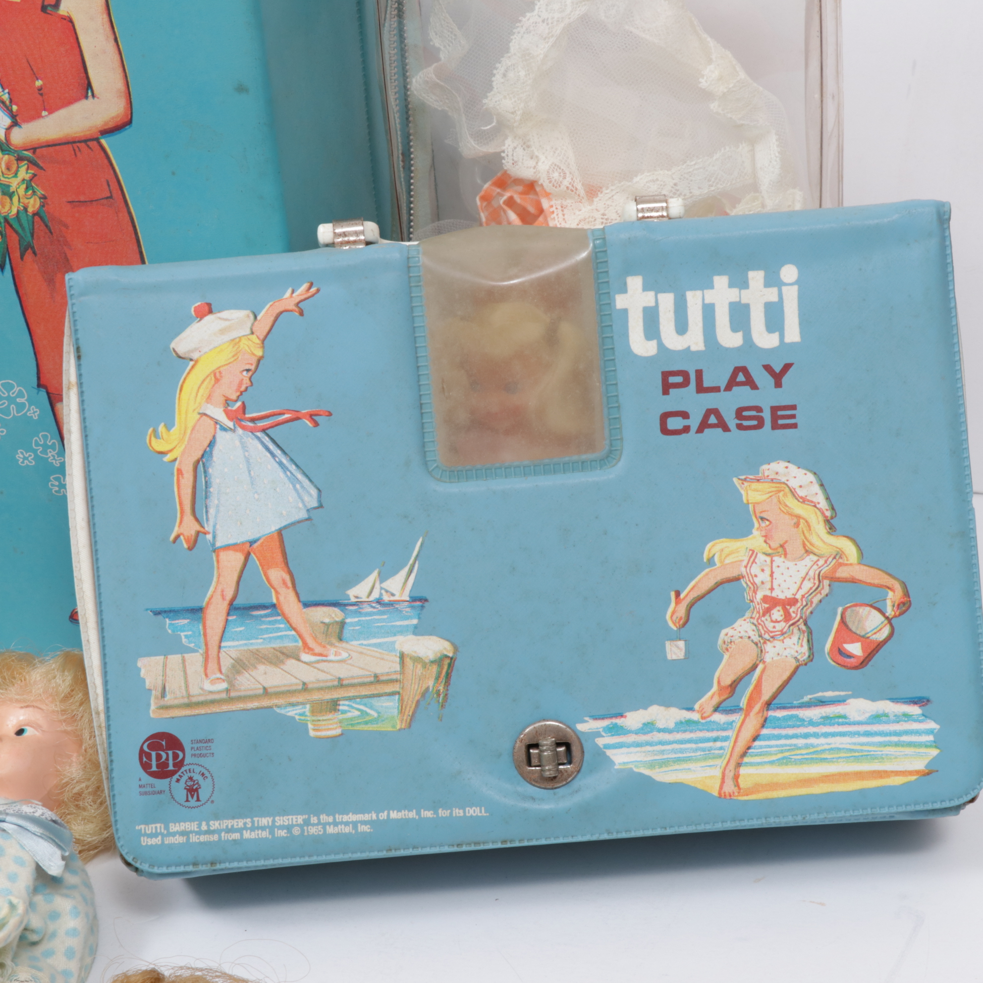 Skipper and Barbie Doll Case, Dolls and Accessories with Tutti Play Case, 1960s