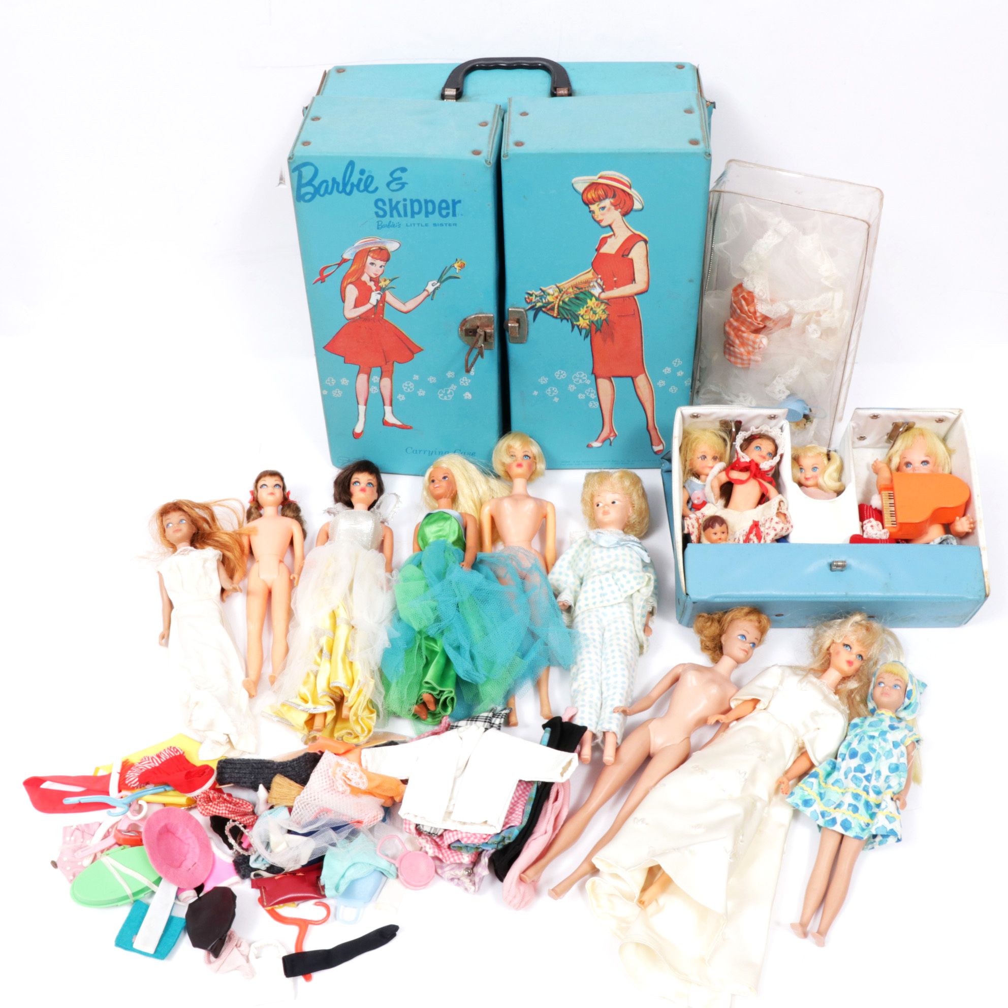 Skipper and Barbie Doll Case, Dolls and Accessories with Tutti Play Case, 1960s