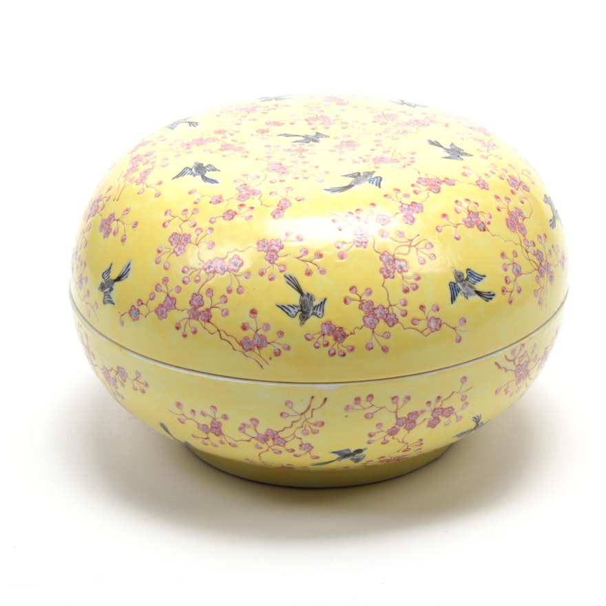 Chinese Hand-Painted Porcelain Lidded Dish with Sparrows and Cherry Blossoms