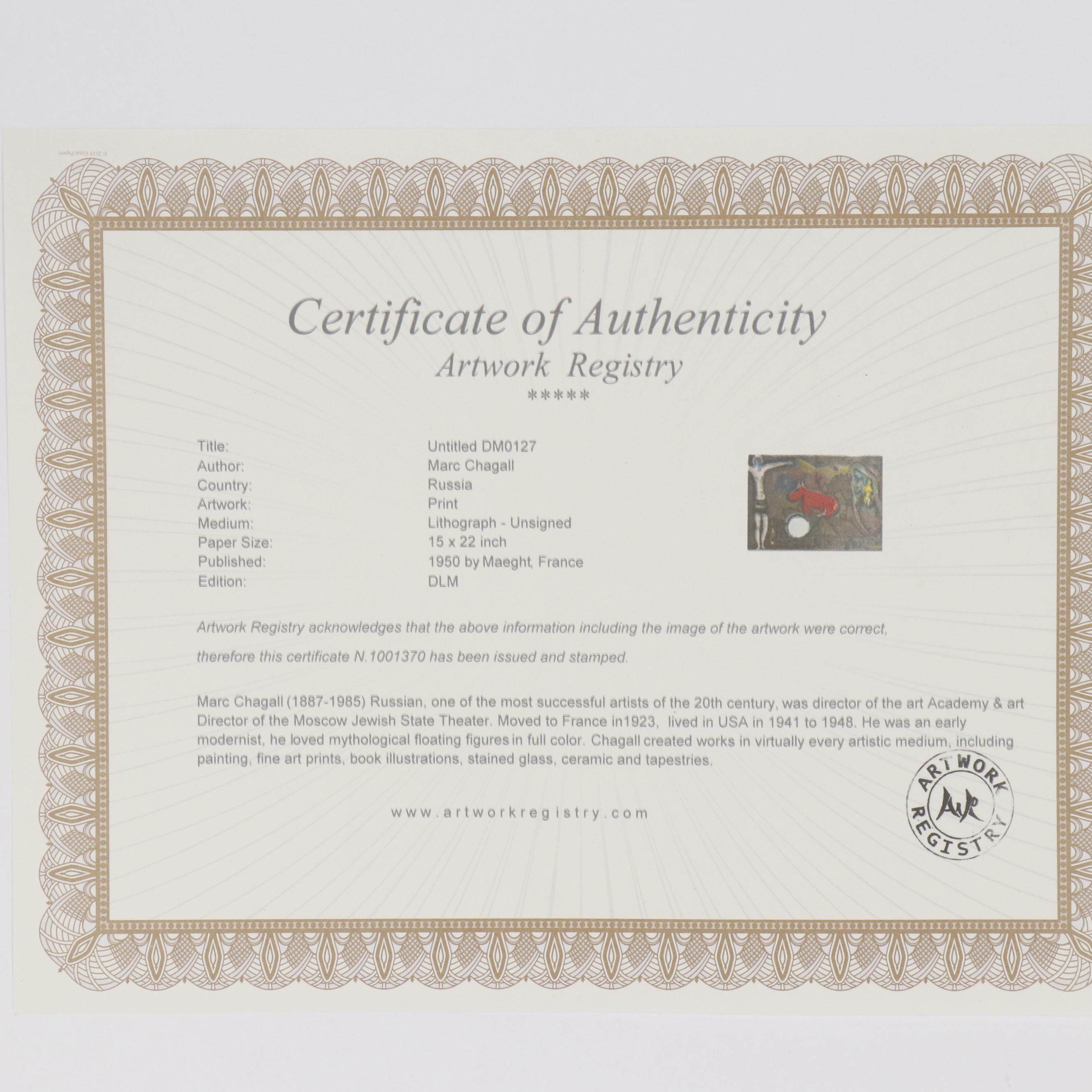 Marc Chagall Color Lithograph for "Derrière le Miroir," 1950