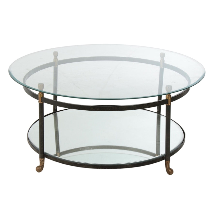Regency Style Glass Top Wrought Metal Coffee Table with Mirrored Shelf