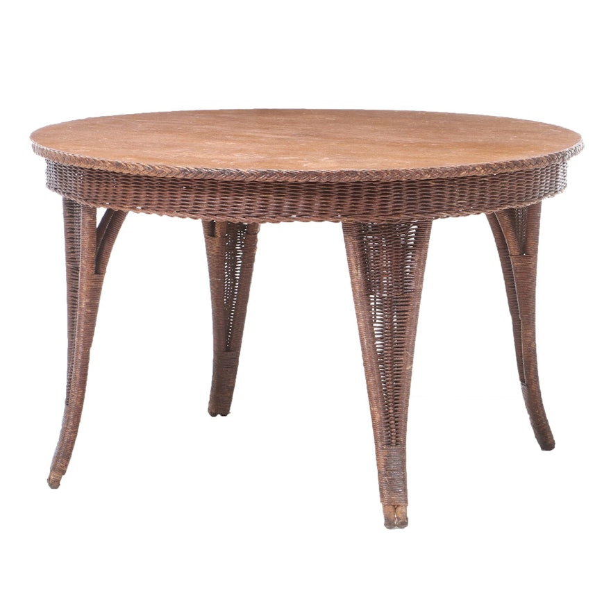 Oak and Wicker Dining Table, Early to Mid 20th Century