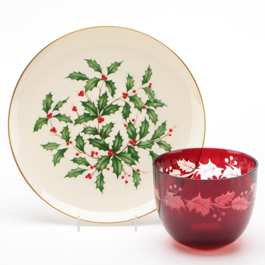 Lenox Porcelain Round Platter and Red Glass Bowl With Holly Plant Motif