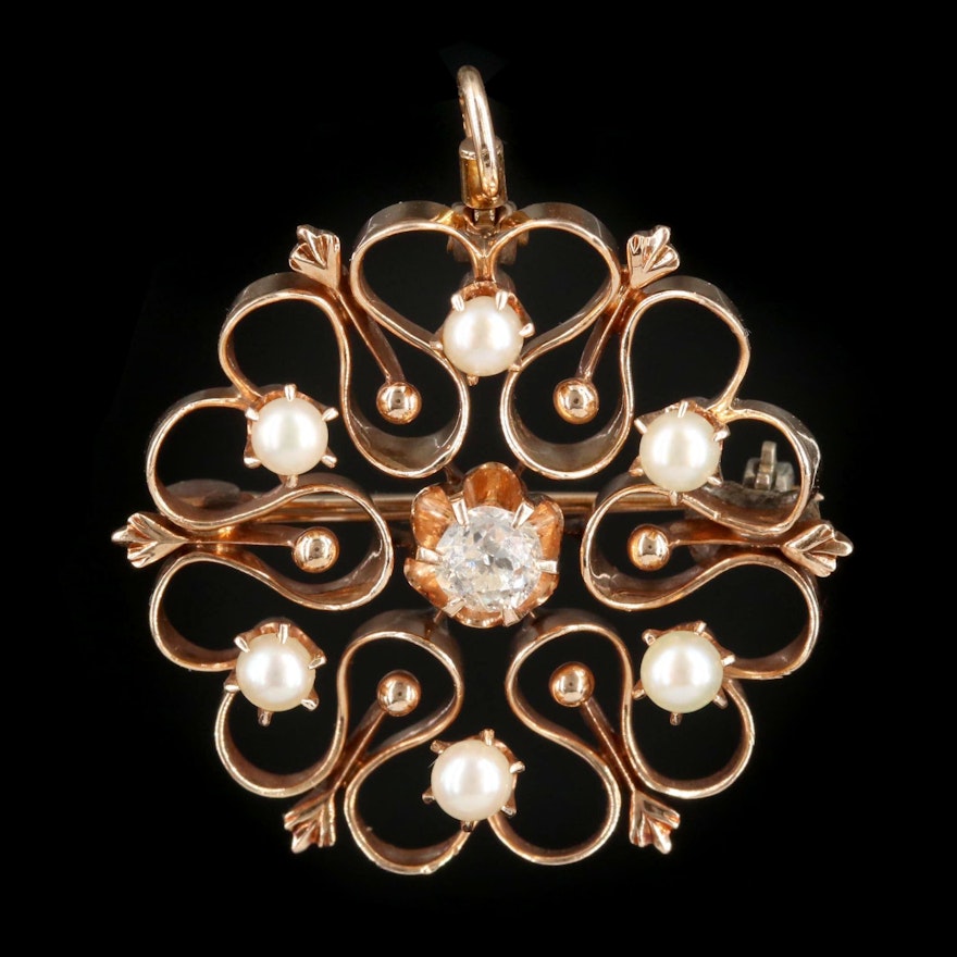 Victorian 14K Gold Diamond and Seed Pearl Converter Brooch