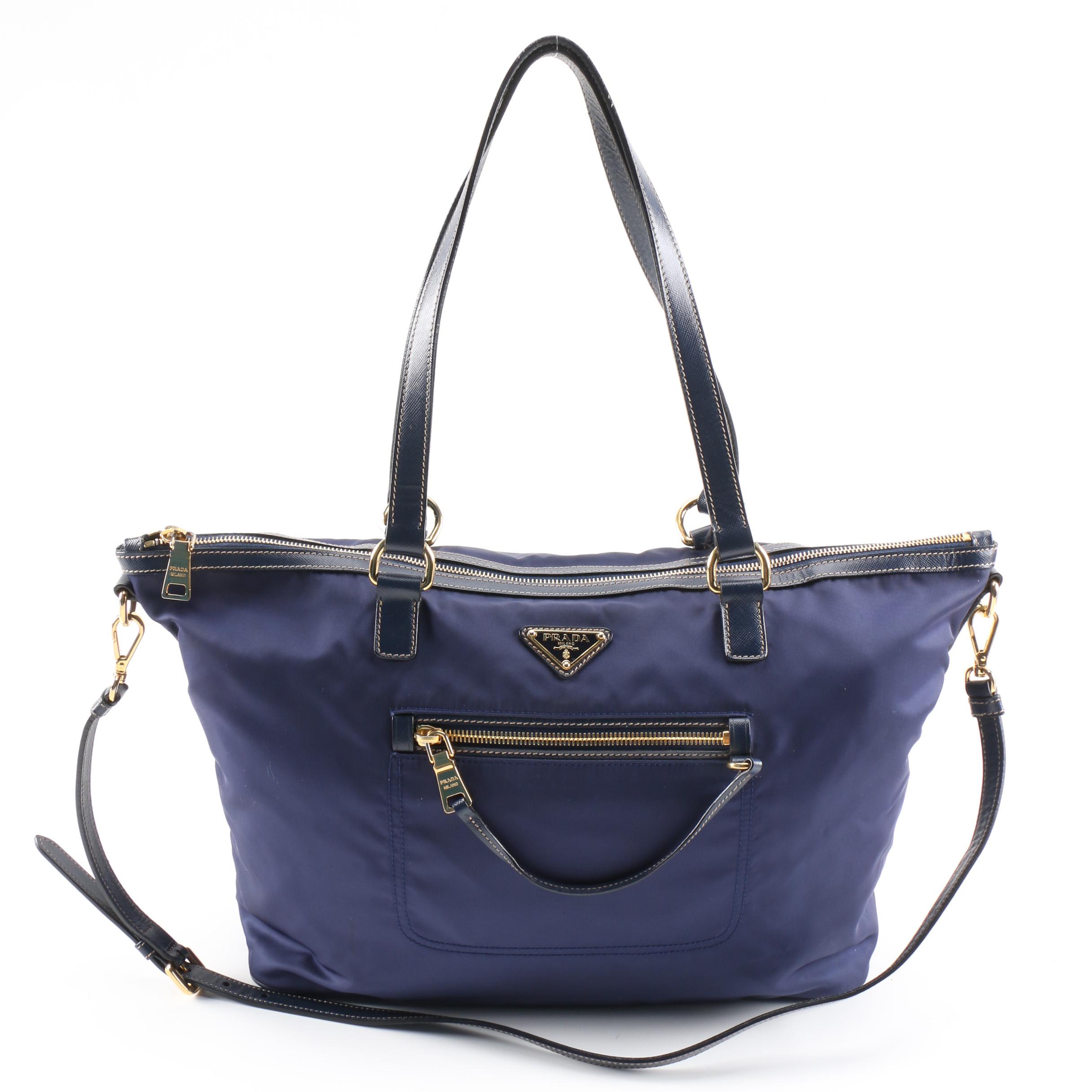 Prada Navy Tessuto Nylon and Saffiano Leather Convertible Satchel