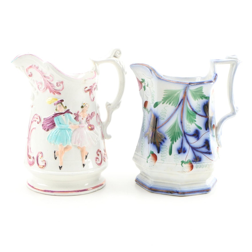 English Gaudy Ironstone and Luster Dancing Couple Jugs Mid-19th Century