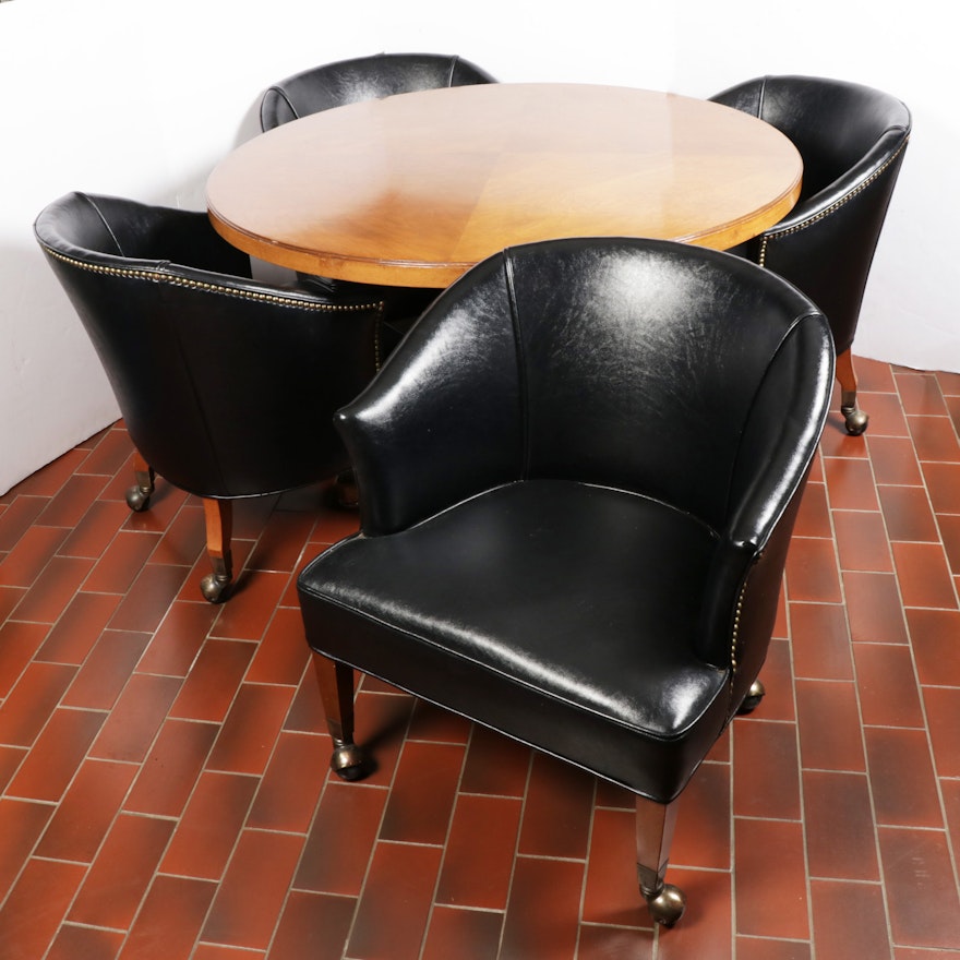 Mid-Century Modern Faux Leather Barrel Chairs with Round Table