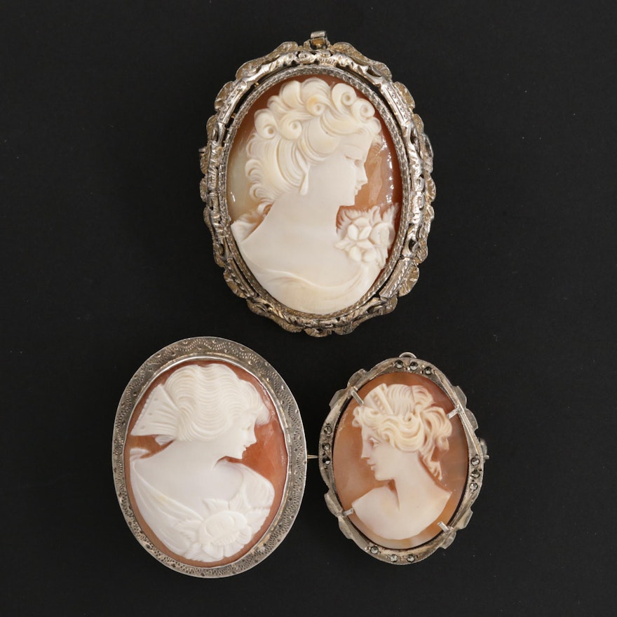 Vintage 800 Silver Carved Shell Cameo Converter Brooches