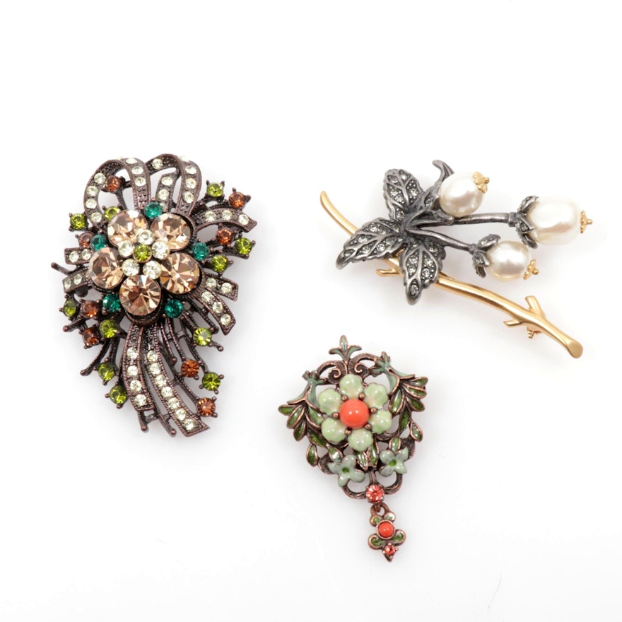 Joan Rivers Rhinestone and Enamel Floral Brooches