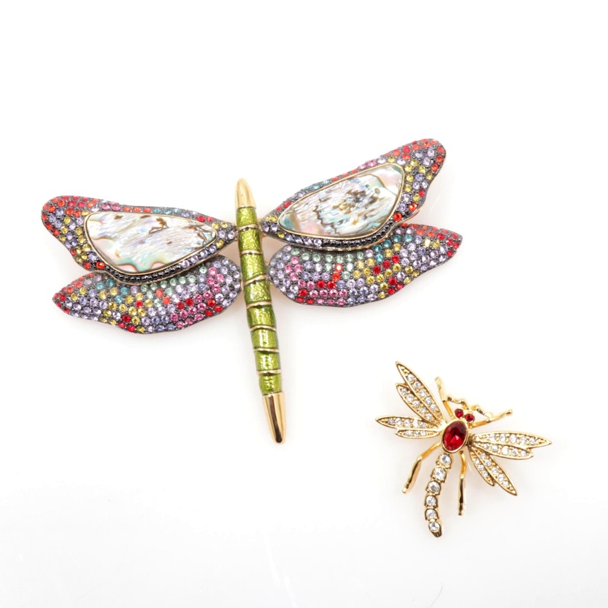 Joan Rivers Rhinestone with Abolone Dragonfly Brooches