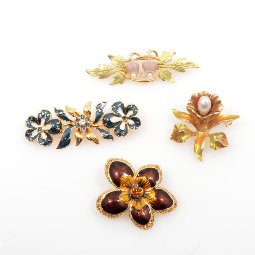 Joan Rivers Rhinestone and Enamel Floral Brooches