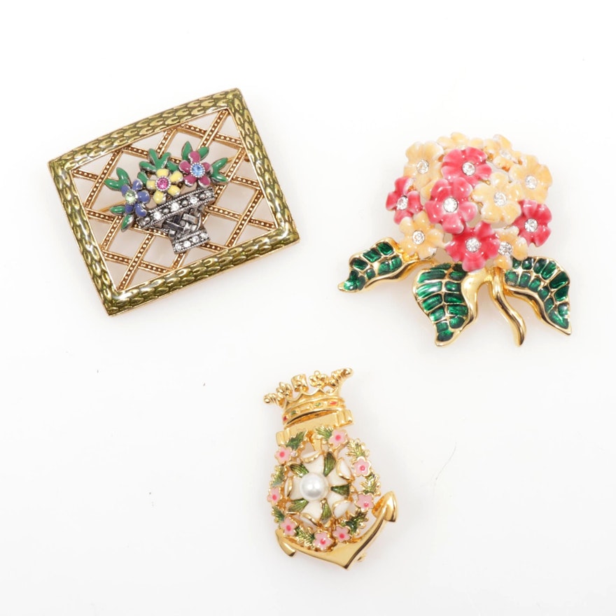 Joan Rivers Rhinestone and Enamel Floral Brooches