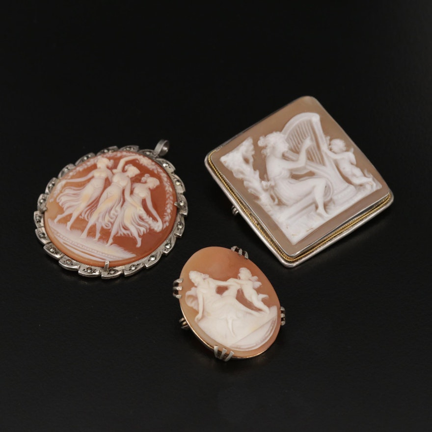 Vintage 800 Silver Carved Shell Cameo Converter Brooches Featuring Three Graces
