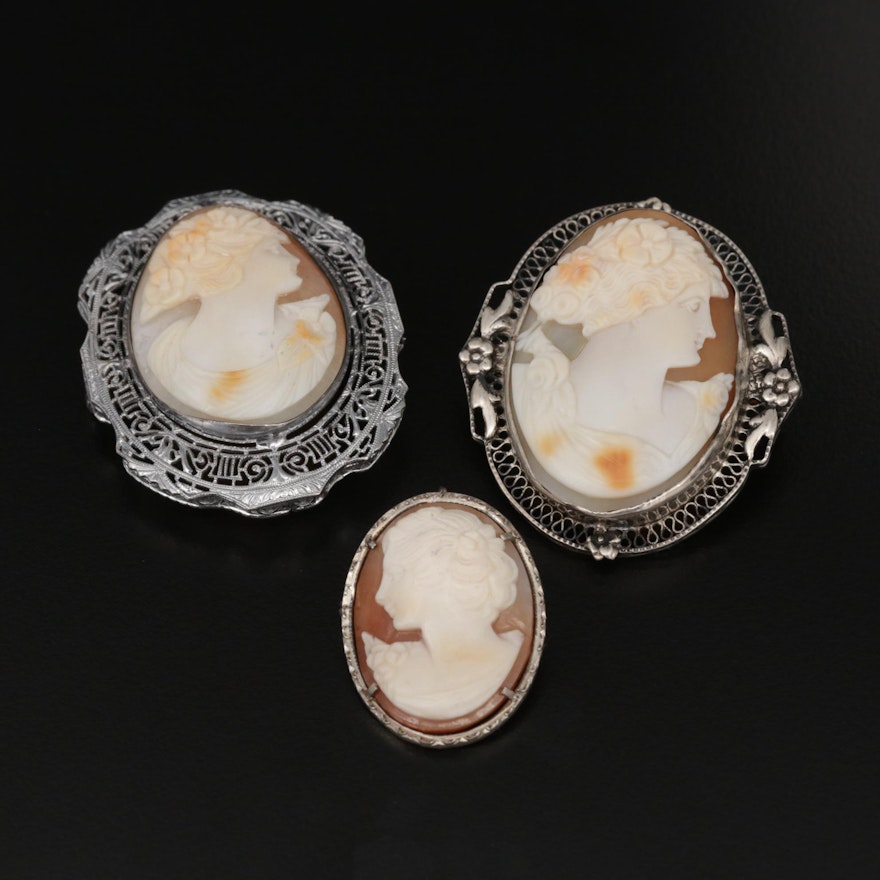Vintage Sterling Silver Carved Shell Cameo Converter Brooches