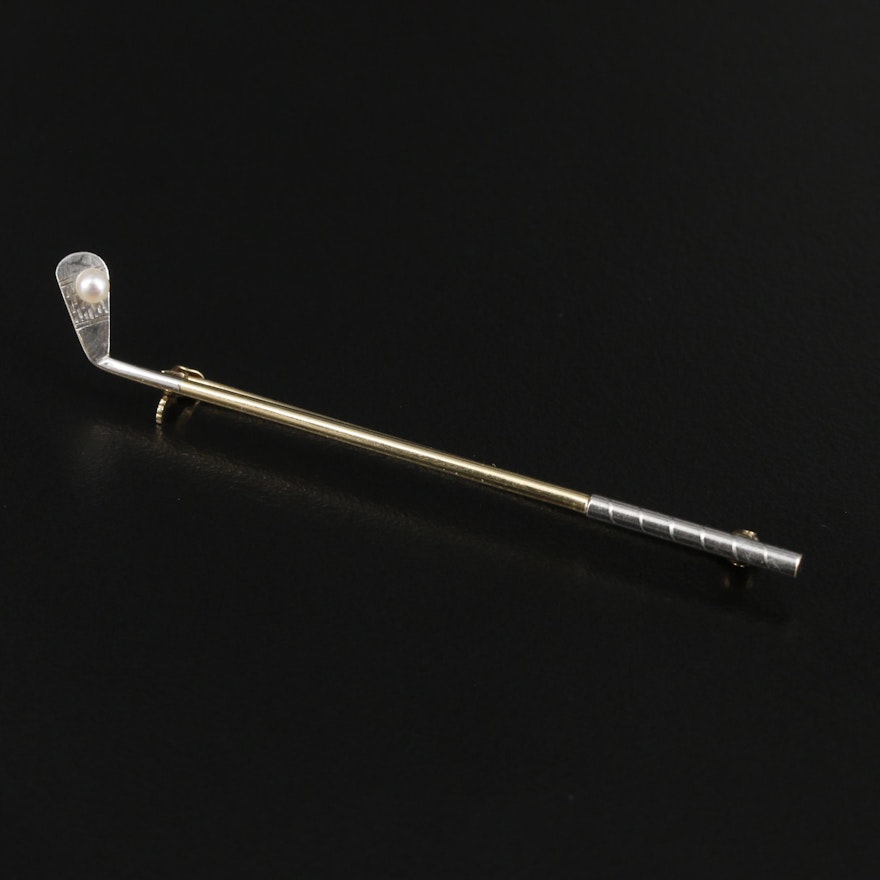 14K Yellow Gold Seed Pearl Golf Club Brooch With Platinum Accents