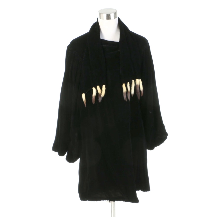 Black Velvet Jacket with Draped Sleeves and Ermine Tail Fur Trim, 1930s Vintage