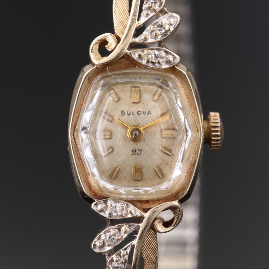 Vintage Bulova 14K Gold and Diamond Stem Wind Wristwatch