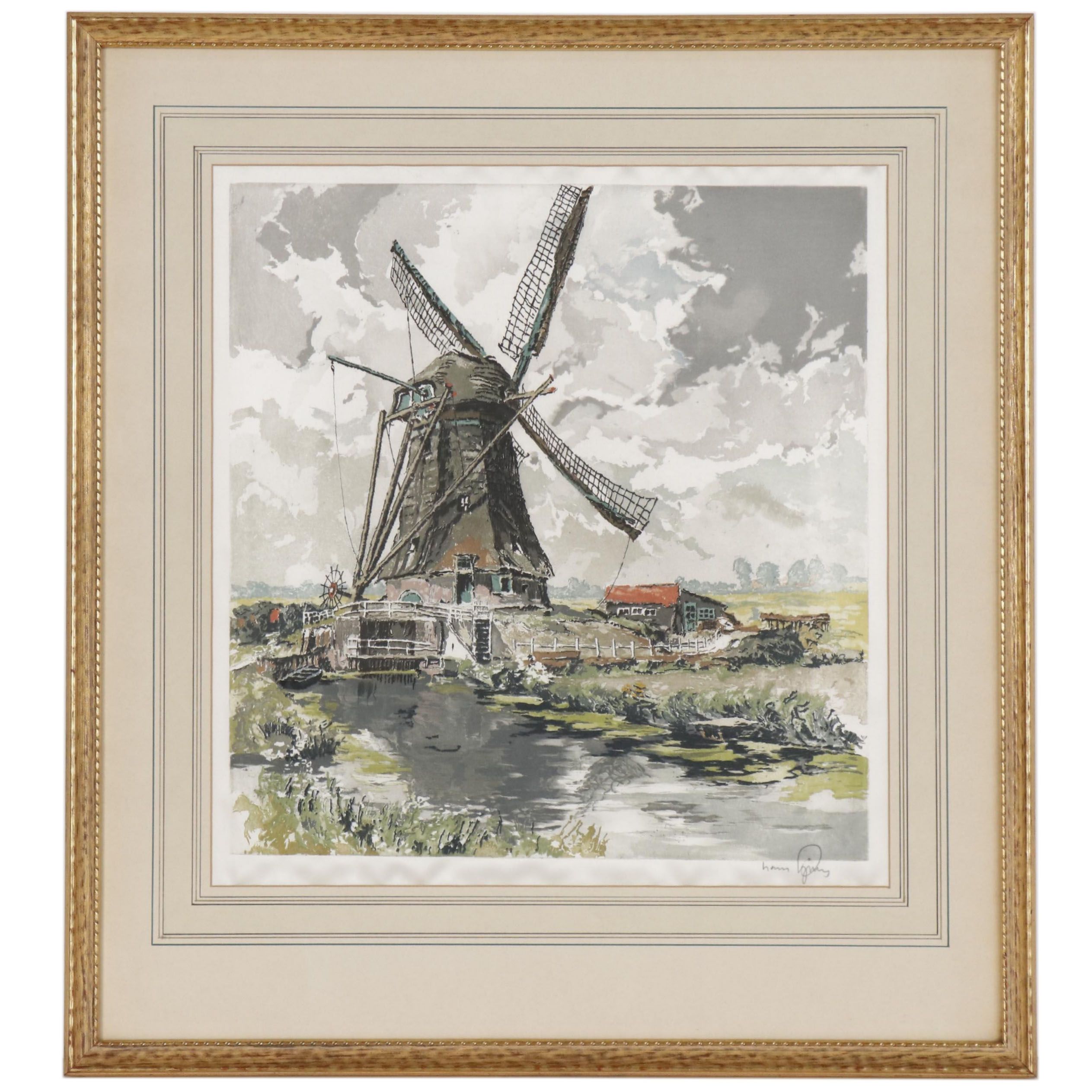 Hans Figura Etching on Silk of Pastoral Scene with Windmill